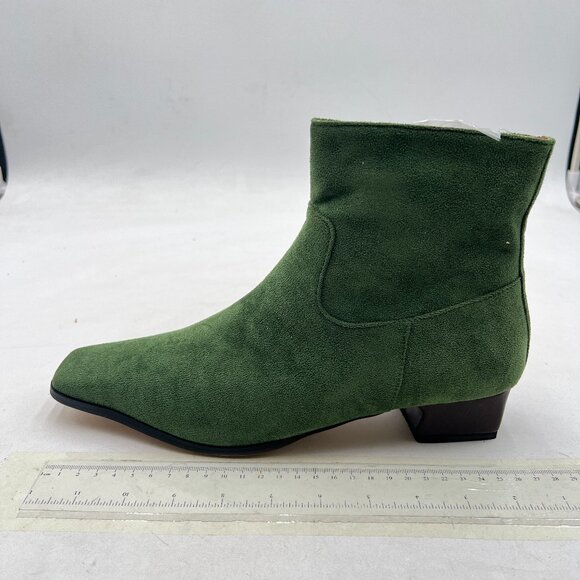 Shoes - Green Suede Square Toe Ankle Booties Comfy Chunky Low Heel Side Zipper Shoes